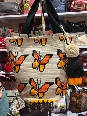 Handwoven Cream & Orange Butterfly Tote Bag